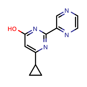 Chemical structure of 6-cyclopropyl-2-(pyrazin-2-yl)pyrimidin-4-ol , CAS 874777-42-1, AChemBlock U131271