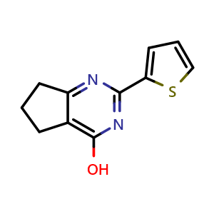 Chemical structure of 2-(thiophen-2-yl)-6,7-dihydro-5H-cyclopenta[d]pyrimidin-4-ol , CAS 874800-55-2, AChemBlock U131278