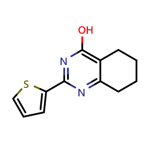 Chemical structure of 2-(thiophen-2-yl)-5,6,7,8-tetrahydroquinazolin-4-ol , CAS 874815-20-0, AChemBlock U131281
