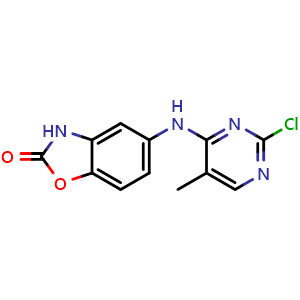 Chemical structure of 5-(2-chloro-5-methylpyrimidin-4-ylamino)benzo[d]oxazol-2(3H)-one , CAS 1236670-87-3, AChemBlock U131548