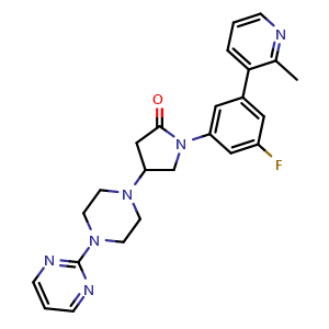 Chemical structure of 1-(3-fluoro-5-(2-methylpyridin-3-yl)phenyl)-4-(4-(pyrimidin-2-yl)piperazin-1-yl)pyrrolidin-2-one , CAS 1800473-00-0, AChemBlock U131573