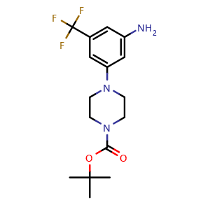 Chemical structure of tert-butyl 4-(3-amino-5-(trifluoromethyl)phenyl)piperazine-1-carboxylate , CAS 2253853-42-6, AChemBlock U131581