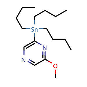 Chemical structure of 2-methoxy-6-(tributylstannyl)pyrazine , CAS 1105511-66-7, AChemBlock U131626