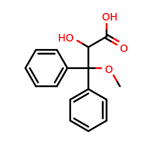 Chemical structure of 2-hydroxy-3-methoxy-3,3-diphenylpropanoic acid , CAS 178306-51-9, AChemBlock U131650
