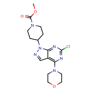 Chemical structure of methyl 4-(6-chloro-4-morpholino-1H-pyrazolo[3,4-d]pyrimidin-1-yl)piperidine-1-carboxylate , CAS 1062173-85-6, AChemBlock U131696