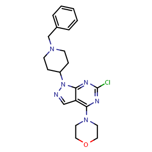 Chemical structure of 4-(1-(1-benzylpiperidin-4-yl)-6-chloro-1H-pyrazolo[3,4-d]pyrimidin-4-yl)morpholine , CAS 1062174-25-7, AChemBlock U131697