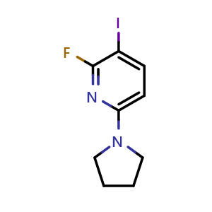 Chemical structure of 2-fluoro-3-iodo-6-pyrrolidin-1-ylpyridine , CAS 1203499-32-4, AChemBlock U131745