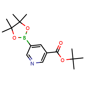Chemical structure of tert-butyl 5-(4,4,5,5-tetramethyl-1,3,2-dioxaborolan-2-yl)pyridine-3-carboxylate , CAS 1309982-38-4, AChemBlock U131786