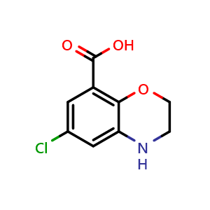 Chemical structure of 6-chloro-3,4-dihydro-2H-benzo[b][1,4]oxazine-8-carboxylic acid , CAS 134372-47-7, AChemBlock U131801