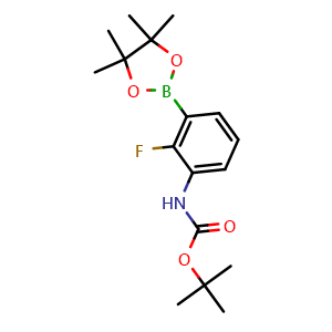Chemical structure of tert-butyl 2-fluoro-3-(4,4,5,5-tetramethyl-1,3,2-dioxaborolan-2-yl)phenylcarbamate , CAS 1638140-93-8, AChemBlock U131872