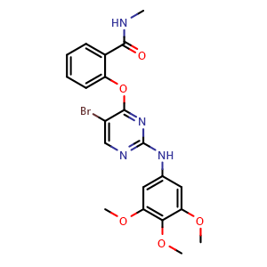 Chemical structure of 2-((5-bromo-2-((3,4,5-trimethoxyphenyl)amino)pyrimidin-4-yl)oxy)-N-methylbenzamide , CAS 1884220-36-3, AChemBlock U131912