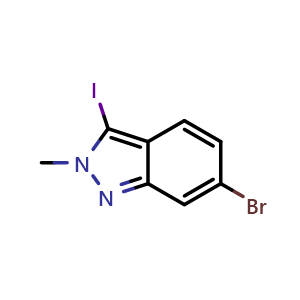 Chemical structure of 6-bromo-3-iodo-2-methyl-2H-indazole , CAS 1980867-26-2, AChemBlock U131924