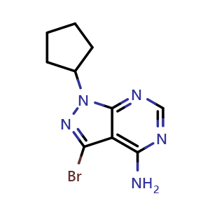 Chemical structure of 3-bromo-1-cyclopentyl-1H-pyrazolo[3,4-d]pyrimidin-4-amine , CAS 2089246-62-6, AChemBlock U131933