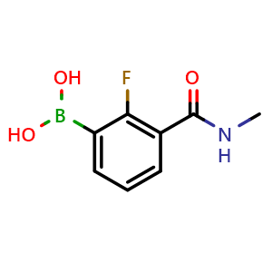 Chemical structure of 3-(methylcarbamoyl)-2-fluorophenylboronic acid , CAS 2096331-00-7, AChemBlock U131939