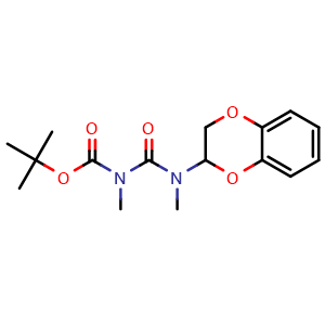 Chemical structure of tert-butyl ((2,3-dihydrobenzo[b][1,4]dioxin-3-yl)methylcarbamoyl)methylcarbamate , CAS 2201229-96-9, AChemBlock U131956