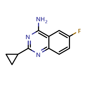 Chemical structure of 2-cyclopropyl-6-fluoroquinazolin-4-amine , CAS 1699142-67-0, AChemBlock U132261