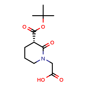 Chemical structure of (S)-2-(3-(tert-butoxycarbonyl)-2-oxopiperidin-1-yl)acetic acid , CAS 74411-97-5, AChemBlock U132288