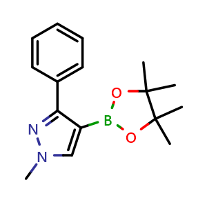 Chemical structure of 1-Methyl-3-phenyl-4-(4,4,5,5-tetramethyl-1,3,2-dioxaborolan-2-yl)-1H-pyrazole , CAS 1002334-06-6, AChemBlock U132348