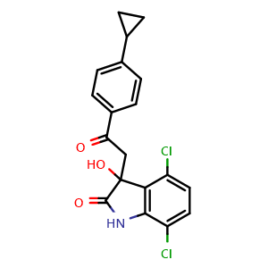 Chemical structure of 4,7-dichloro-3-(2-(4-cyclopropylphenyl)-2-oxoethyl)-3-hydroxyindolin-2-one , CAS 1903783-48-1, AChemBlock U132364