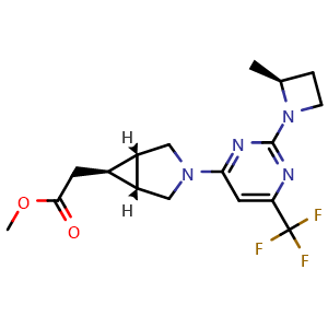 Chemical structure of methyl 2-((1R,5S,6R)-3-(2-((S)-2-methylazetidin-1-yl)-6-(trifluoromethyl)pyrimidin-4-yl)-3-azabicyclo[3.1.0]hexan-6-yl)acetate , CAS 2102501-83-5, AChemBlock U132449