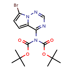 Chemical structure of tert-butyl N-(7-bromopyrrolo[2,1-f][1,2,4]triazin-4-yl)-N-tert-butoxycarbonyl-carbamate , CAS 2556993-45-2, AChemBlock U132460