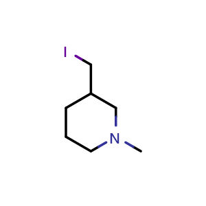 Chemical structure of 3-(iodomethyl)-1-methyl-piperidine , CAS 1042152-71-5, AChemBlock U132508