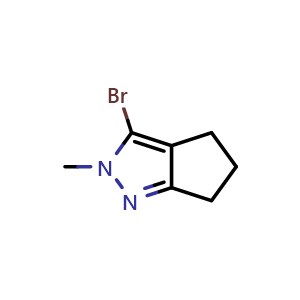 Chemical structure of 3-bromo-2-methyl-5,6-dihydro-4H-cyclopenta[c]pyrazole , CAS 1043920-65-5, AChemBlock U132510