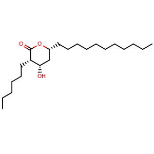 Chemical structure of (3S,4S,6R)-3-hexyl-4-hydroxy-6-undecyl-tetrahydropyran-2-one , CAS 104801-96-9, AChemBlock U132512
