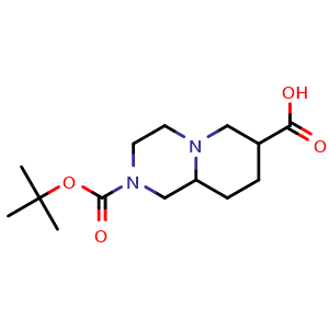 Chemical structure of 2-tert-butoxycarbonyl-1,3,4,6,7,8,9,9a-octahydropyrido[1,2-a]pyrazine-7-carboxylic acid , CAS 1049677-42-0, AChemBlock U132517