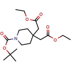 Chemical structure of tert-butyl 4,4-bis(2-ethoxy-2-oxo-ethyl)piperidine-1-carboxylate , CAS 1051383-60-8, AChemBlock U132520