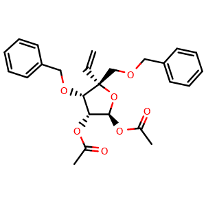 Chemical structure of [(2S,3R,4S,5R)-2-acetoxy-4-benzyloxy-5-(benzyloxymethyl)-5-vinyl-tetrahydrofuran-3-yl] acetate , CAS 1052725-34-4, AChemBlock U132522