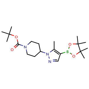 Chemical structure of tert-butyl 4-[5-methyl-4-(4,4,5,5-tetramethyl-1,3,2-dioxaborolan-2-yl)pyrazol-1-yl]piperidine-1-carboxylate , CAS 1092563-67-1, AChemBlock U132549