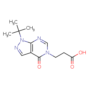 Chemical structure of 3-(1-tert-butyl-4-oxo-pyrazolo[3,4-d]pyrimidin-5-yl)propanoic acid , CAS 1105196-70-0, AChemBlock U132561