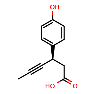 Chemical structure of (3R)-3-(4-hydroxyphenyl)hex-4-ynoic acid , CAS 1147732-37-3, AChemBlock U132586