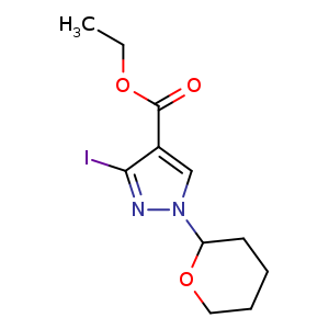 Chemical structure of ethyl 3-iodo-1-tetrahydropyran-2-yl-pyrazole-4-carboxylate , CAS 1190060-37-7, AChemBlock U132617