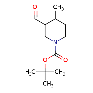 Chemical structure of tert-butyl 3-formyl-4-methyl-piperidine-1-carboxylate , CAS 1201187-01-0, AChemBlock U132636
