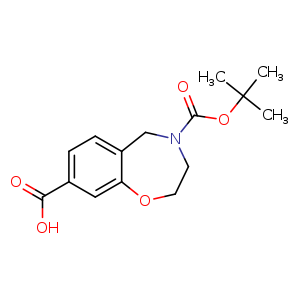 Chemical structure of 4-tert-butoxycarbonyl-3,5-dihydro-2H-1,4-benzoxazepine-8-carboxylic acid , CAS 1205750-69-1, AChemBlock U132645