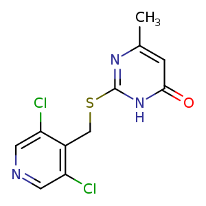 Chemical structure of 2-[(3,5-dichloro-4-pyridyl)methylsulfanyl]-4-methyl-1H-pyrimidin-6-one , CAS 1256557-60-4, AChemBlock U132713