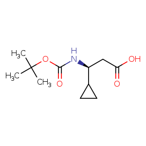 Chemical structure of (3S)-3-(tert-butoxycarbonylamino)-3-cyclopropyl-propanoic acid , CAS 1260604-09-8, AChemBlock U132732