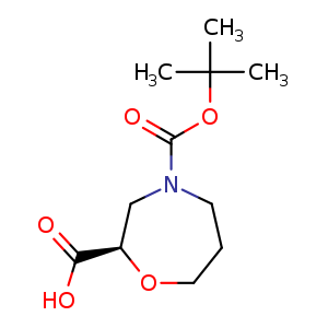 Chemical structure of (2R)-4-[(tert-butoxy)carbonyl]-1,4-oxazepane-2-carboxylic acid , CAS 1273566-86-1, AChemBlock U132754