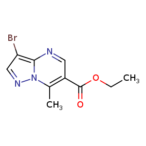 Chemical structure of ethyl 3-bromo-7-methyl-pyrazolo[1,5-a]pyrimidine-6-carboxylate , CAS 1370287-43-6, AChemBlock U132857
