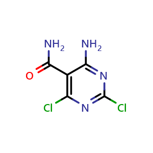 Chemical structure of 4-amino-2,6-dichloro-pyrimidine-5-carboxamide , CAS 1388816-81-6, AChemBlock U132889