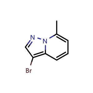 Chemical structure of 3-bromo-7-methyl-pyrazolo[1,5-a]pyridine , CAS 1514303-65-1, AChemBlock U132992