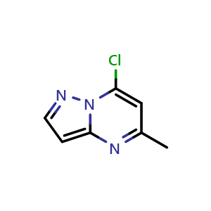Chemical structure of 7-chloro-5-methyl-pyrazolo[1,5-a]pyrimidine , CAS 16082-27-2, AChemBlock U133073
