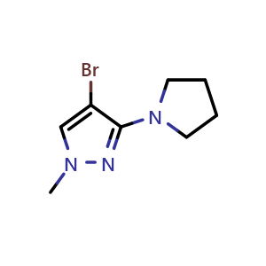 Chemical structure of 4-bromo-1-methyl-3-(pyrrolidin-1-yl)-1H-pyrazole , CAS 1619993-54-2, AChemBlock U133083