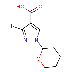 Chemical structure of 3-iodo-1-tetrahydropyran-2-yl-pyrazole-4-carboxylic acid , CAS 1627924-17-7, AChemBlock U133092