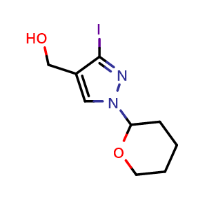 Chemical structure of (3-iodo-1-tetrahydropyran-2-yl-pyrazol-4-yl)methanol , CAS 1627924-18-8, AChemBlock U133093