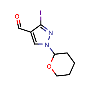 Chemical structure of 3-iodo-1-tetrahydropyran-2-yl-pyrazole-4-carbaldehyde , CAS 1627924-19-9, AChemBlock U133094