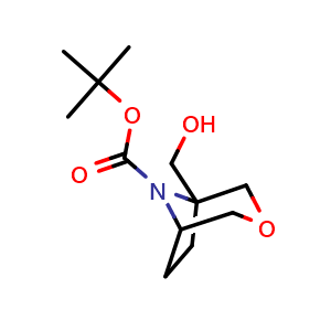 Chemical structure of tert-butyl 1-(hydroxymethyl)-3-oxa-8-azabicyclo[3.2.1]octane-8-carboxylate , CAS 1638651-85-0, AChemBlock U133109