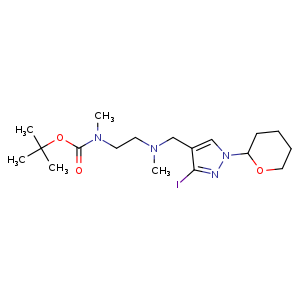 Chemical structure of tert-butyl N-[2-[(3-iodo-1-tetrahydropyran-2-yl-pyrazol-4-yl)methyl-methyl-amino]ethyl]-N-methyl-carbamate , CAS 1782069-01-5, AChemBlock U133208